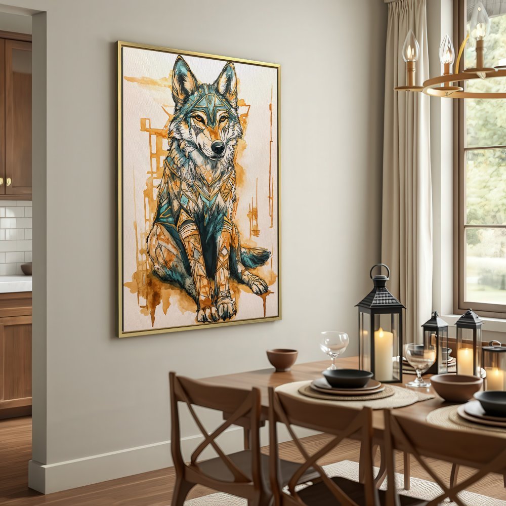 Canvas Print of a majestic wolf in watercolor style, featuring a warm, earthy color palette. Perfect wall art!