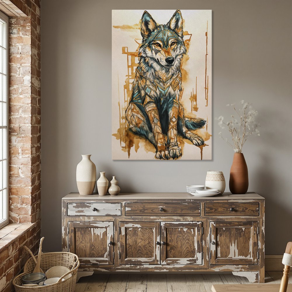 Framed Wall Art: Majestic wolf illustration in teal and gold. Modern canvas print adds a touch of wilderness to any room.