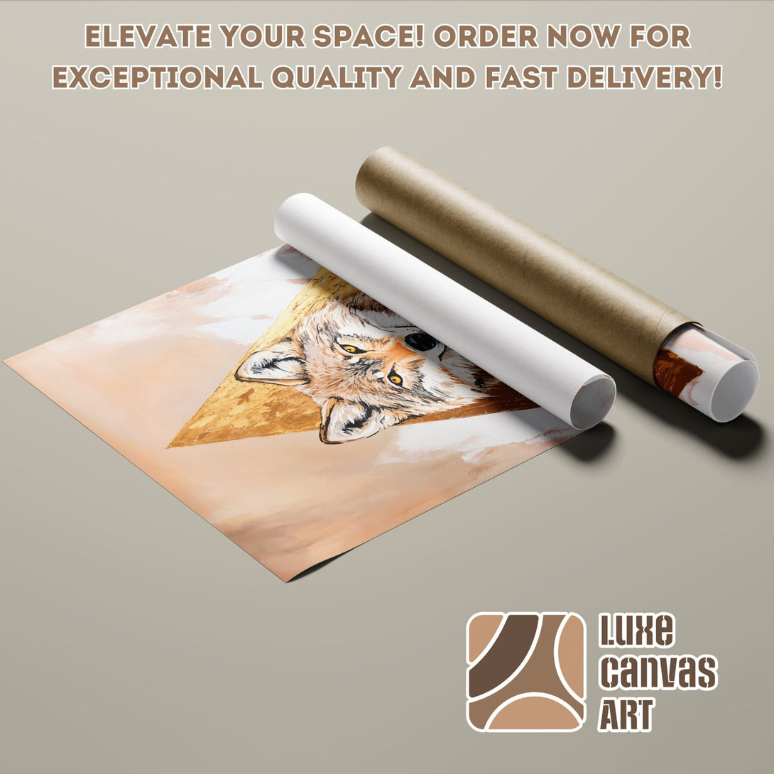 Poster Roll featuring a wolf painting, warm color palette, and artistic style. Elevate your space with Luxe Canvas Art.