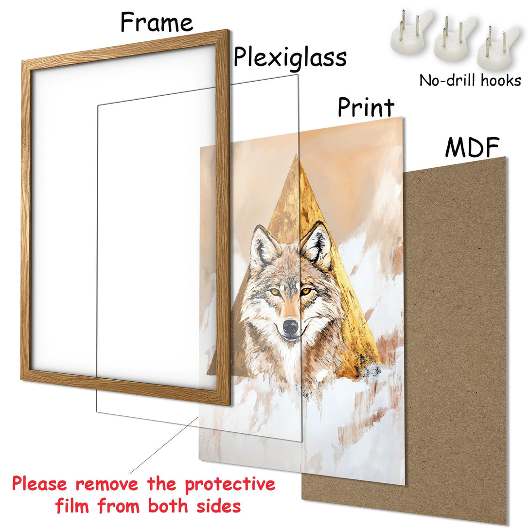 Framed Poster featuring a wolf in a modern art style with a warm, earthy color palette. Perfect wall art for any room!