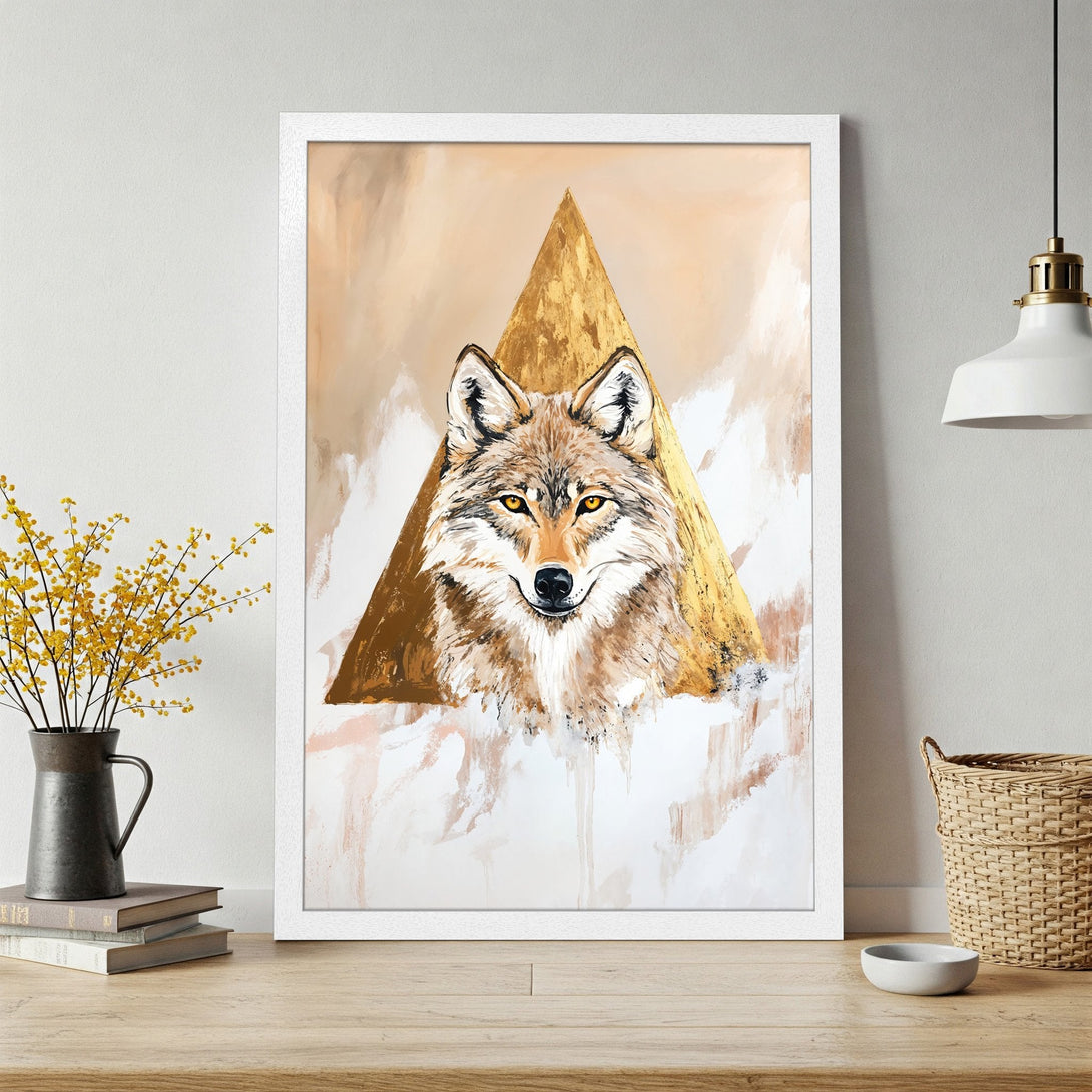 Framed Poster featuring a wolf with a gold geometric design. Modern art print in neutral tones, perfect for home decor.