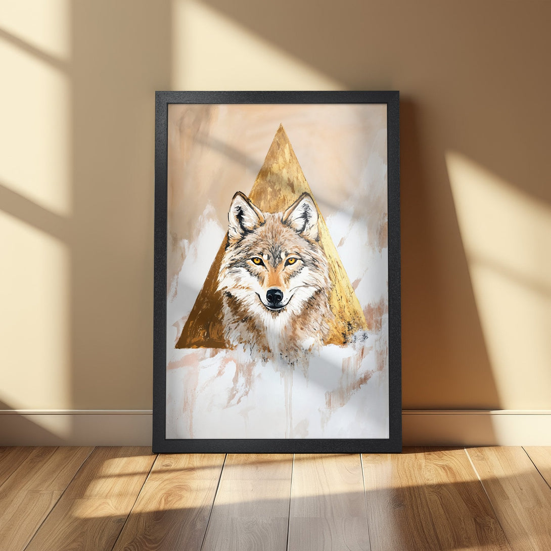 Framed Poster featuring a wolf illustration in warm neutral tones. Modern art style with a gold and beige color palette. Perfect wall decor!