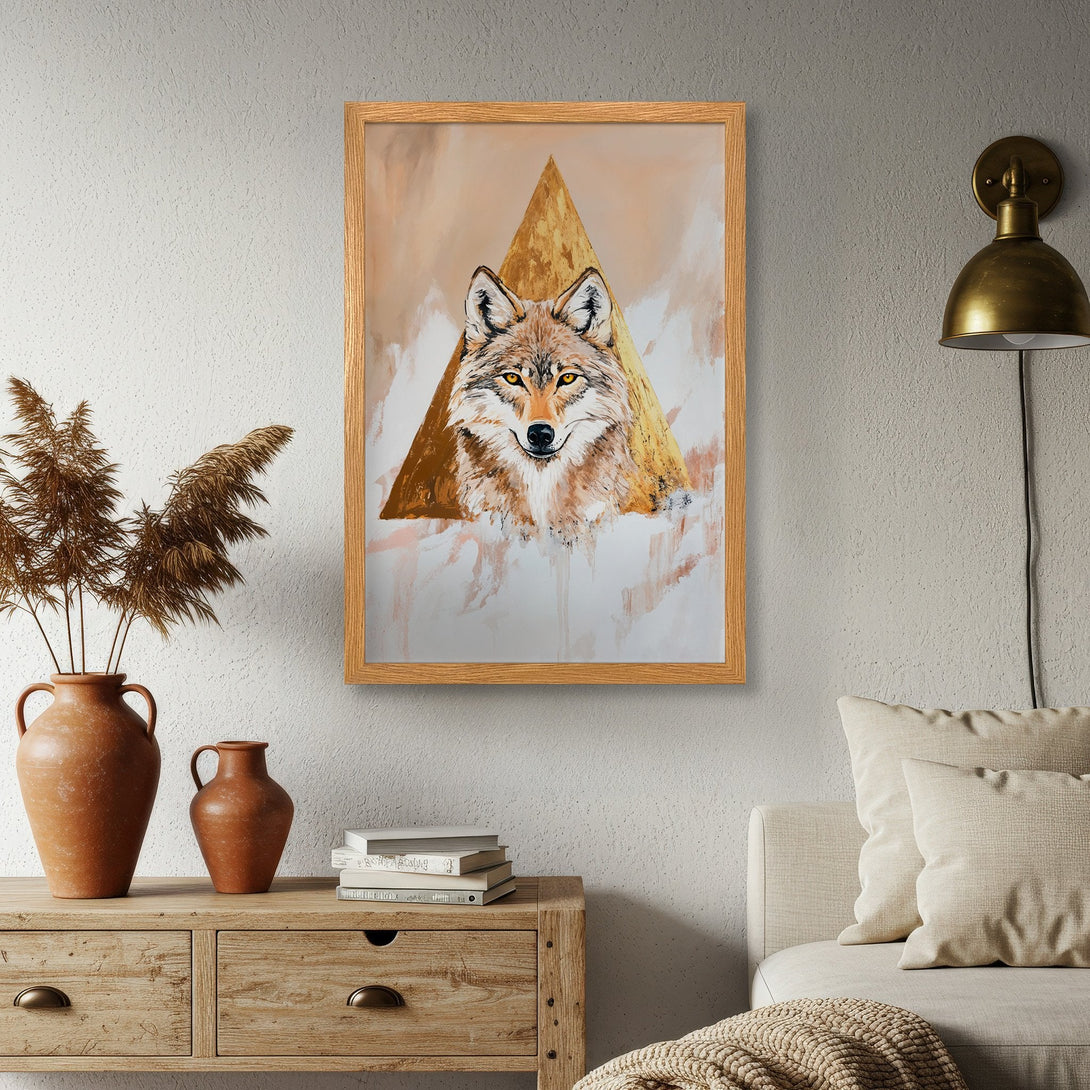 Framed Poster featuring a majestic wolf in a modern, abstract style. Warm, earthy color palette perfect for home decor. Shop this stunning poster now!