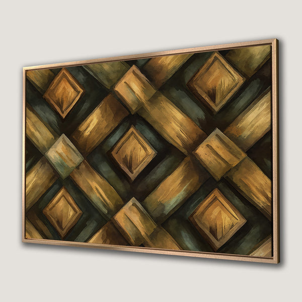 Framed Wall Art featuring an abstract geometric pattern in warm gold and green hues. Modern canvas print perfect for any interior.