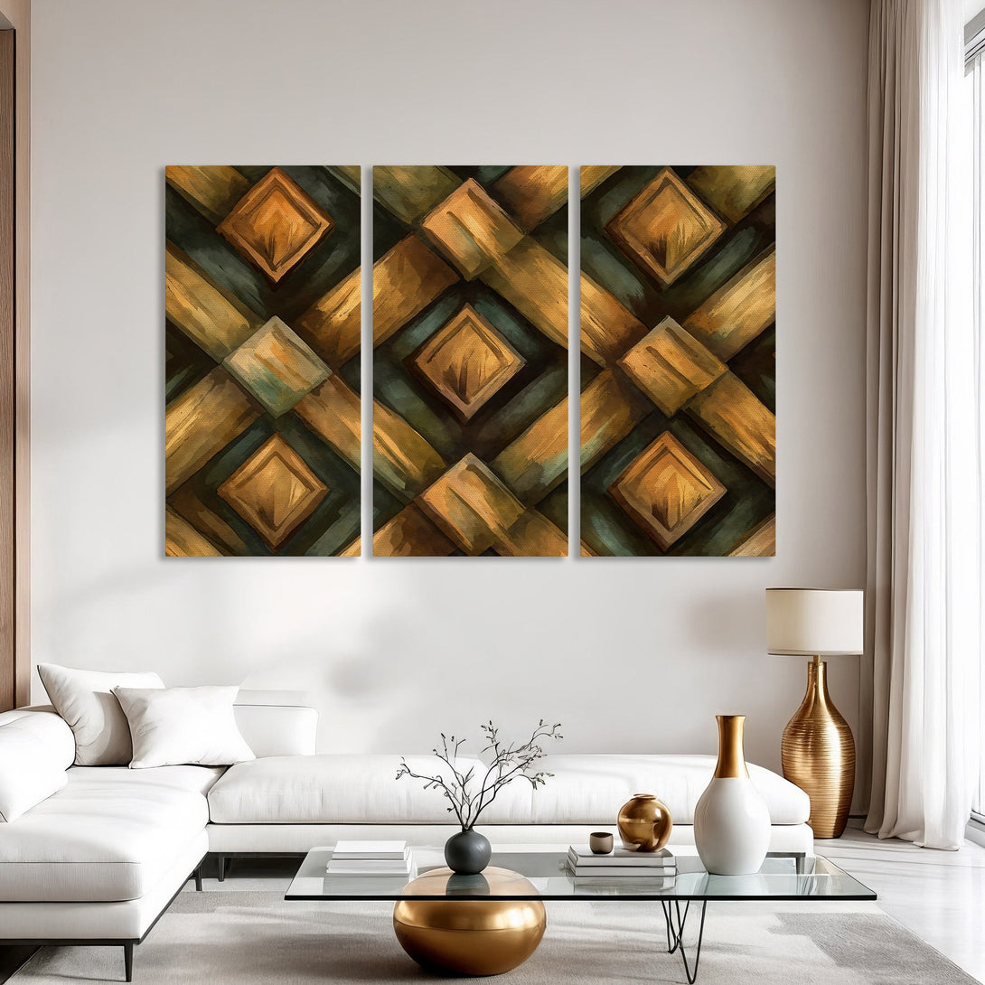 Abstract Canvas Print in warm tones of gold and teal, perfect for modern living room decor. Enhance your space with this unique wall art!
