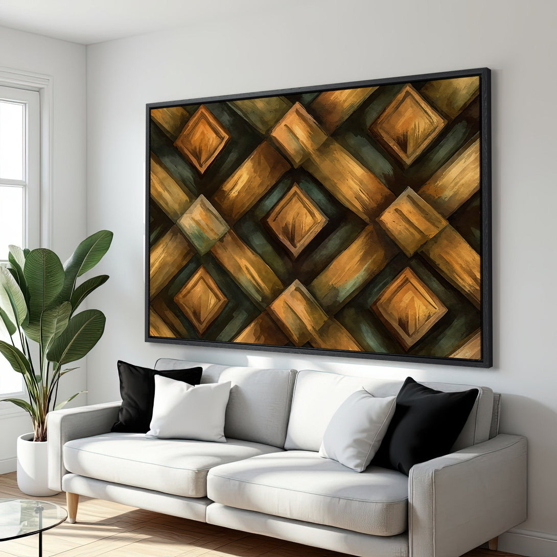 Framed Wall Art featuring an abstract geometric design in warm gold and green tones. Adds a modern touch to any interior. Shop now!