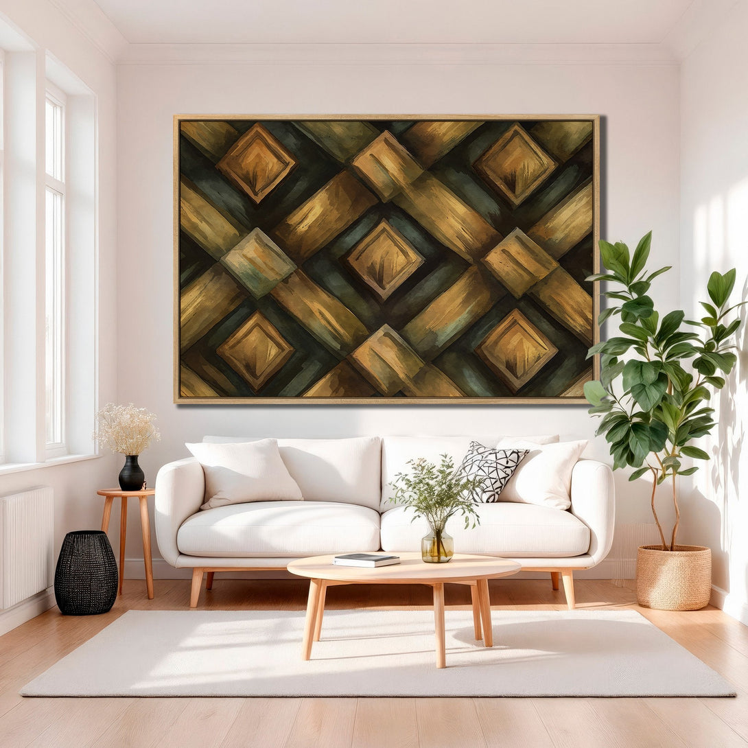 Framed Wall Art: Abstract geometric design in warm gold and green tones. Modern canvas print adds a touch of elegance to any living room. Shop now!