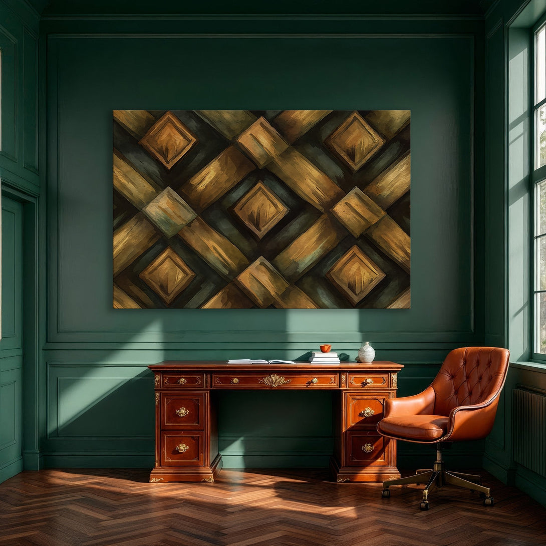 Framed Wall Art featuring an abstract geometric design in warm gold and green tones. Modern art for dining room decor.