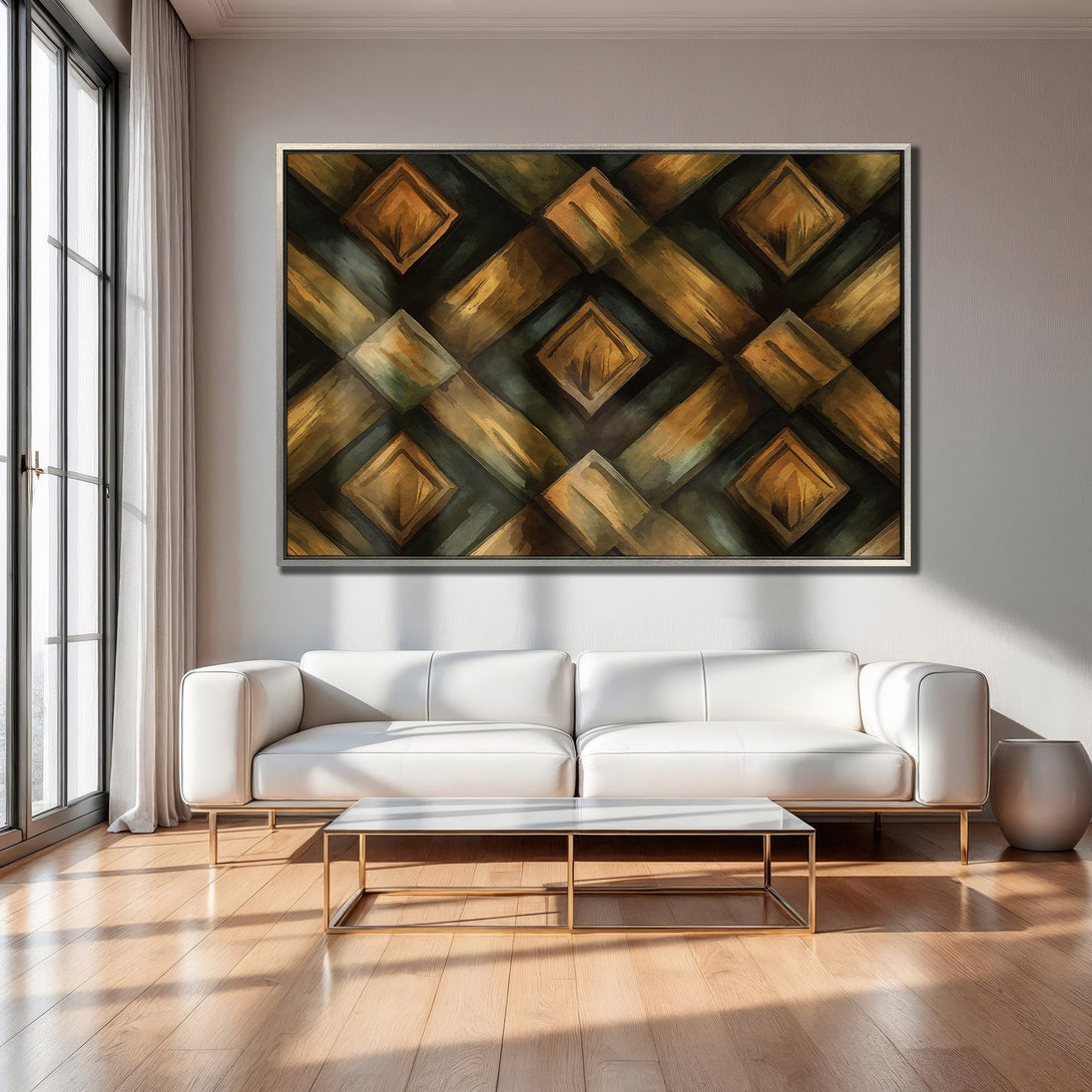 Framed Wall Art: Abstract geometric design in warm gold and green tones. Modern canvas print adds a touch of elegance to any living room.