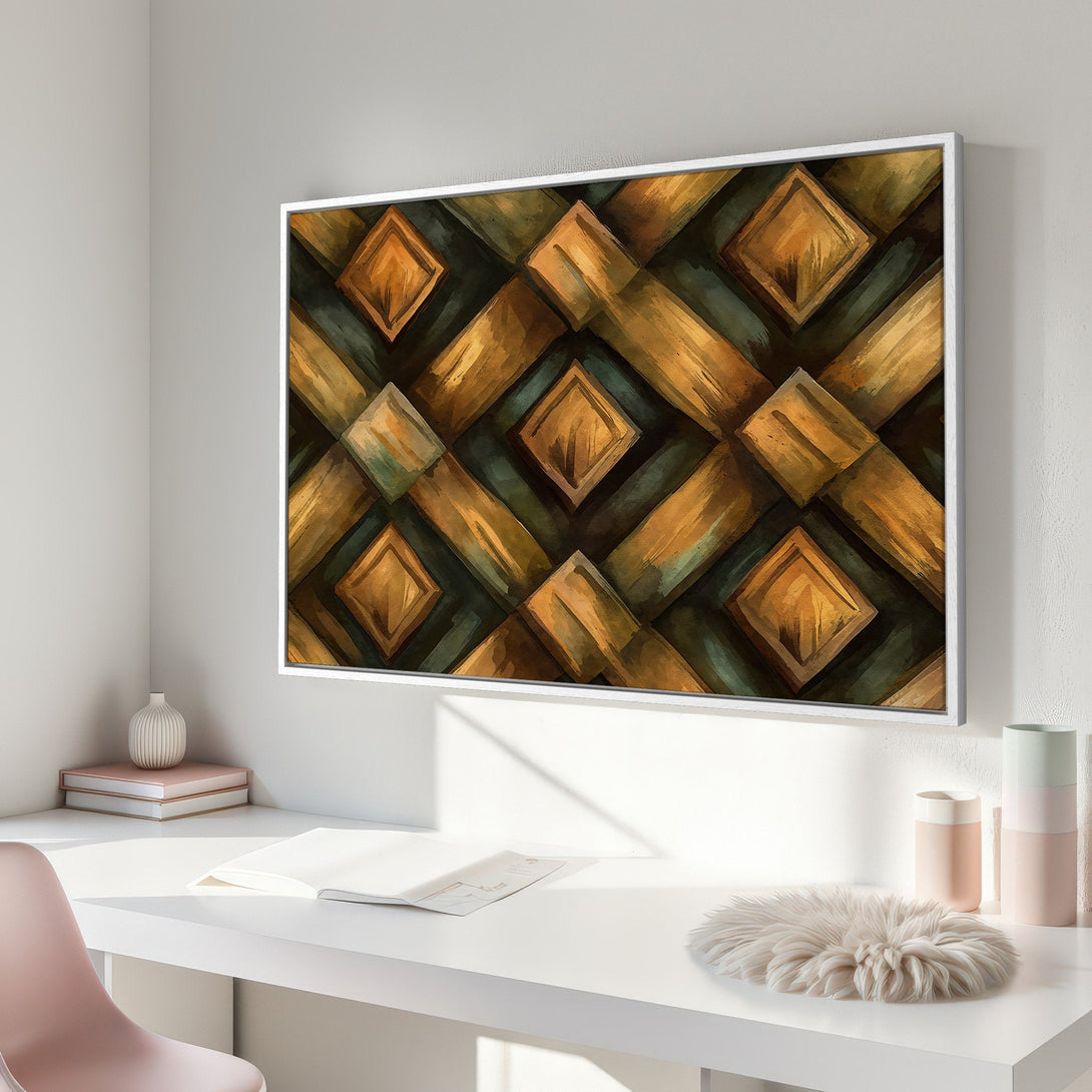 Framed Wall Art: Abstract geometric pattern in warm gold and green tones. Modern canvas print adds a touch of elegance to any interior space.