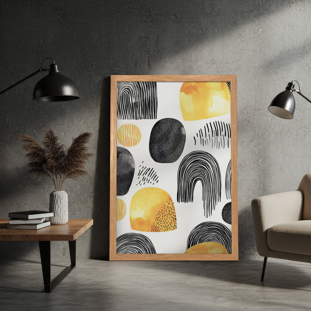 Framed Poster featuring abstract art with yellow, black, and white shapes. Modern style, perfect for home decor.