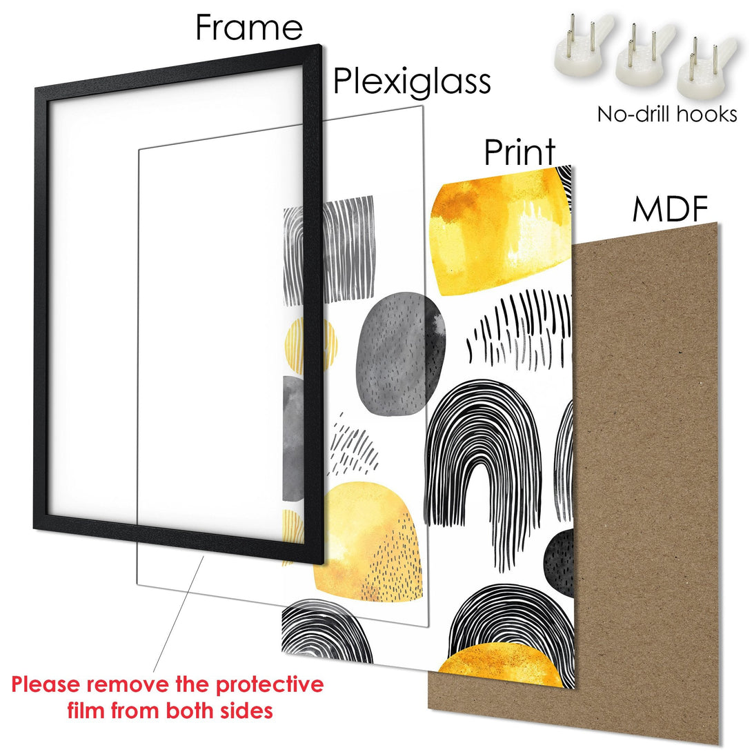 Framed Poster with abstract art in yellow, gray, and black. Modern art print ready to hang.