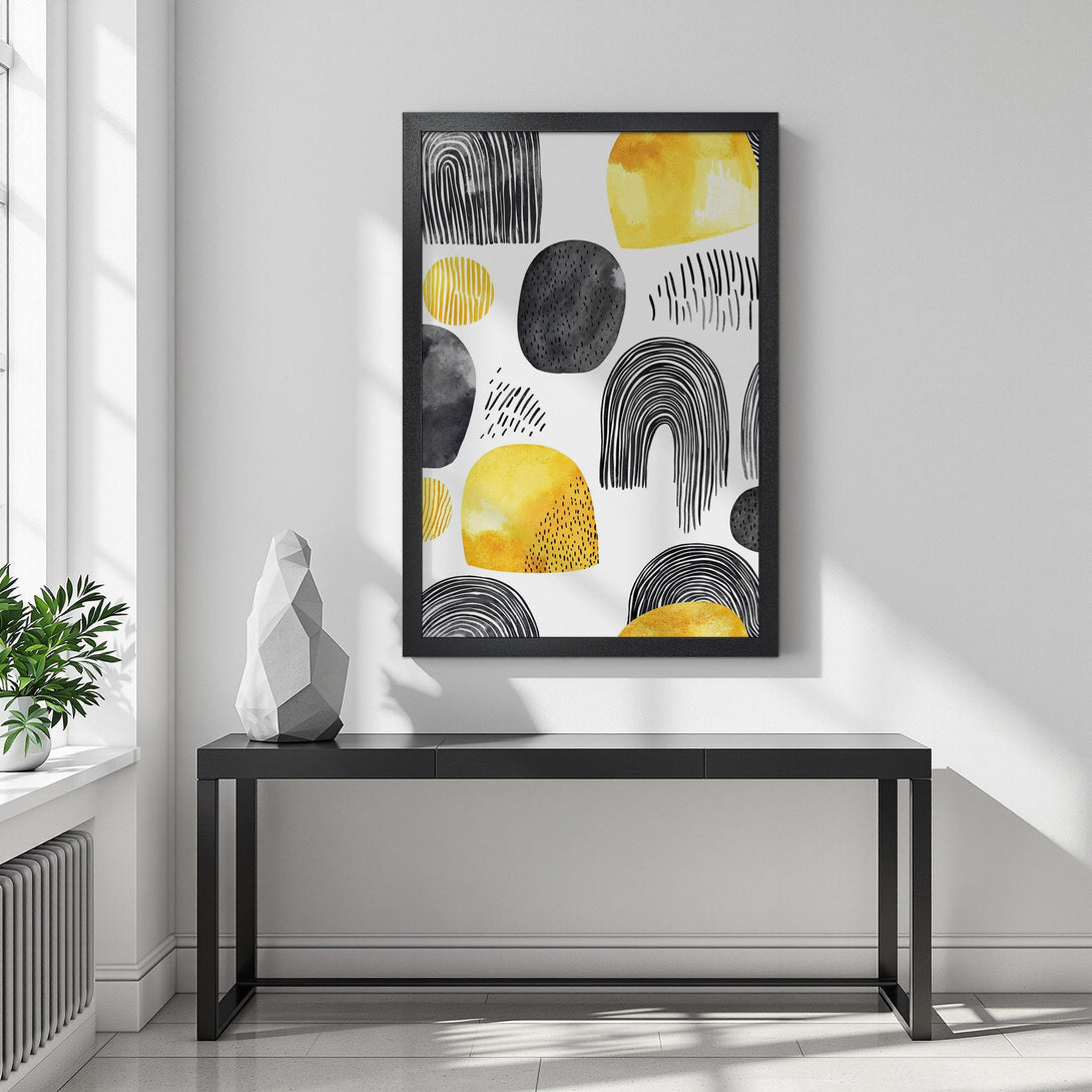 Framed Poster featuring abstract art with black, yellow, and gray shapes. Modern style, perfect for home decor.