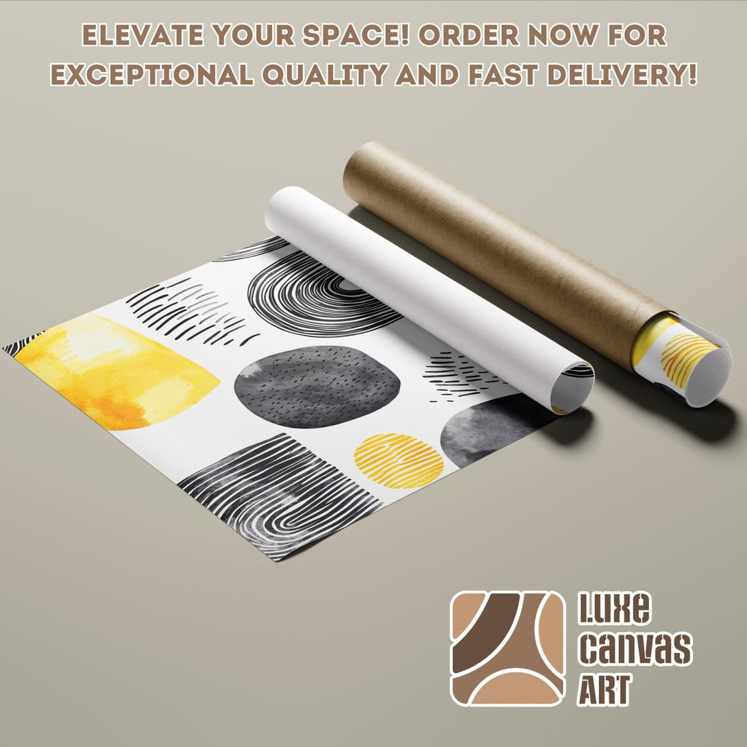 Abstract art poster roll with yellow, black, and gray watercolor shapes. Elevate your space!