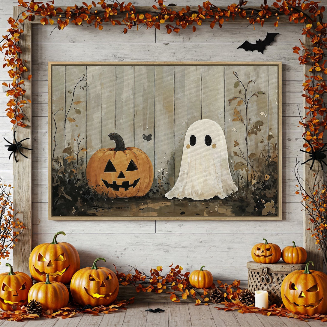 Framed Wall Art featuring a Halloween ghost and pumpkin in a rustic style, warm orange and neutral color palette. Perfect for fall decor.