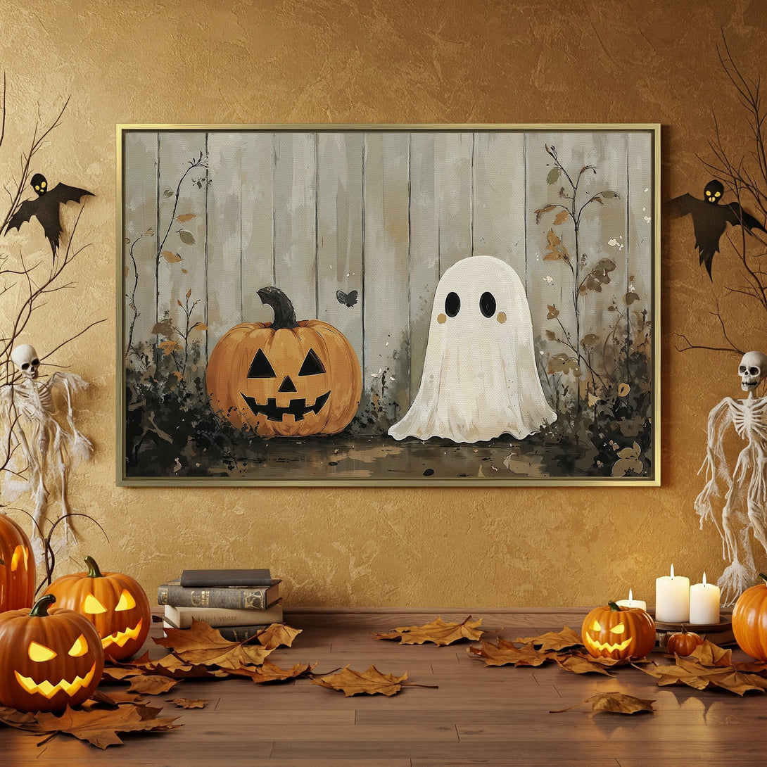 Halloween Canvas Print featuring a pumpkin and ghost, displayed in a spooky interior. Warm orange and neutral tones create a festive, inviting atmosphere.