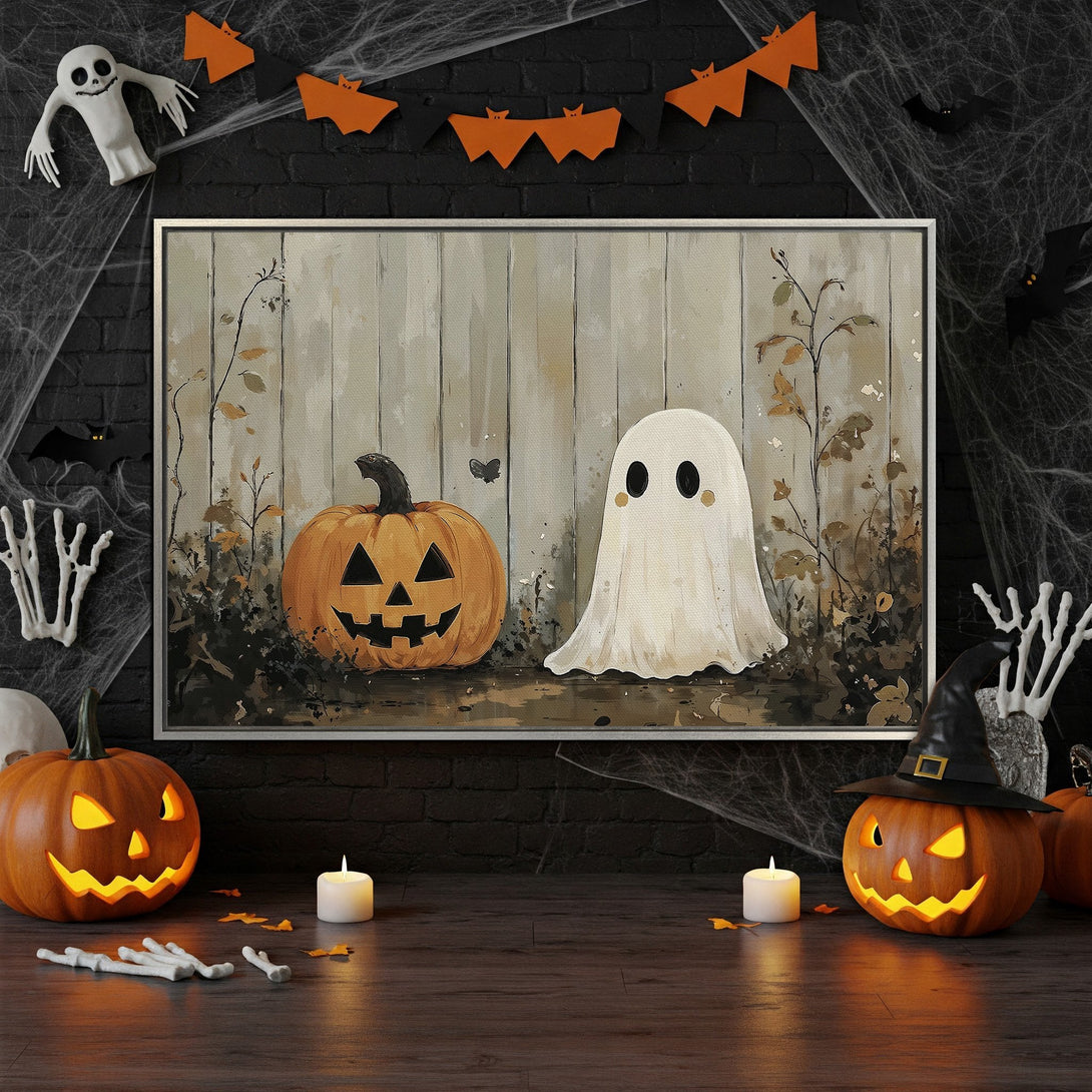 Framed Wall Art: Halloween-themed canvas print featuring a jack-o'-lantern & ghost. Warm, autumnal color palette. Perfect spooky decor for your home!