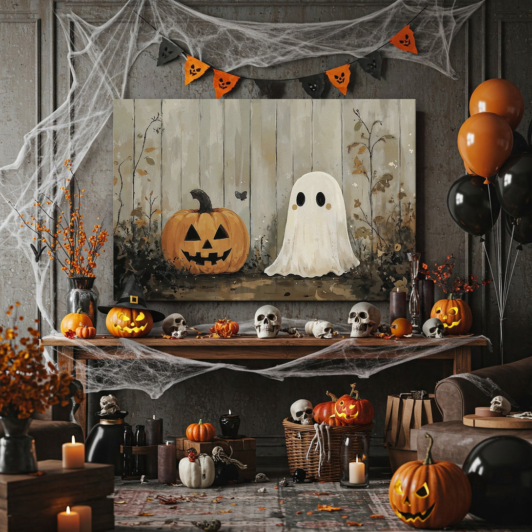 Framed Wall Art: Spooky Halloween scene with a pumpkin and ghost. Rustic style, warm orange and neutral color palette. Perfect for fall decor.