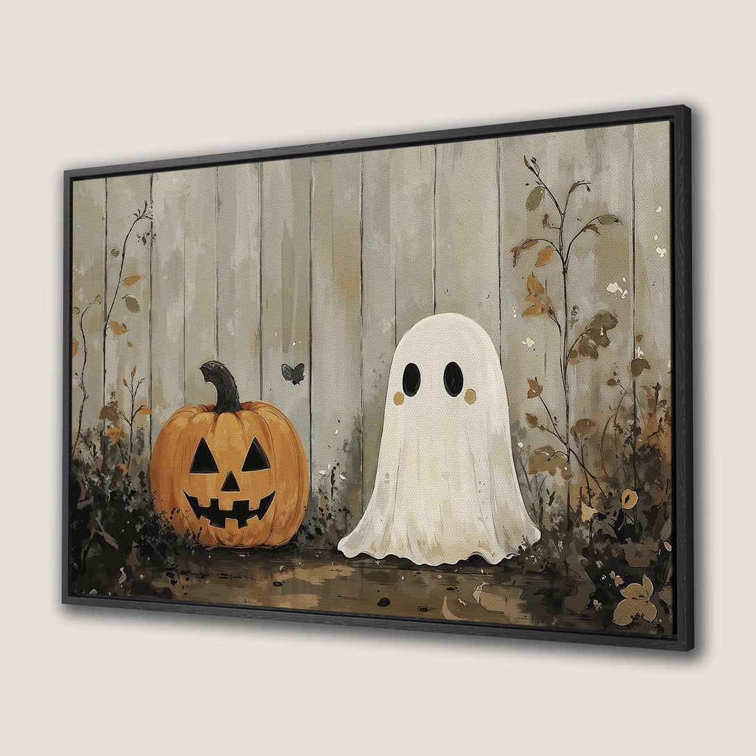 Framed Wall Art: Whimsical Halloween scene with a jack-o-lantern and ghost. Neutral color palette with orange accents. Perfect for fall decor!