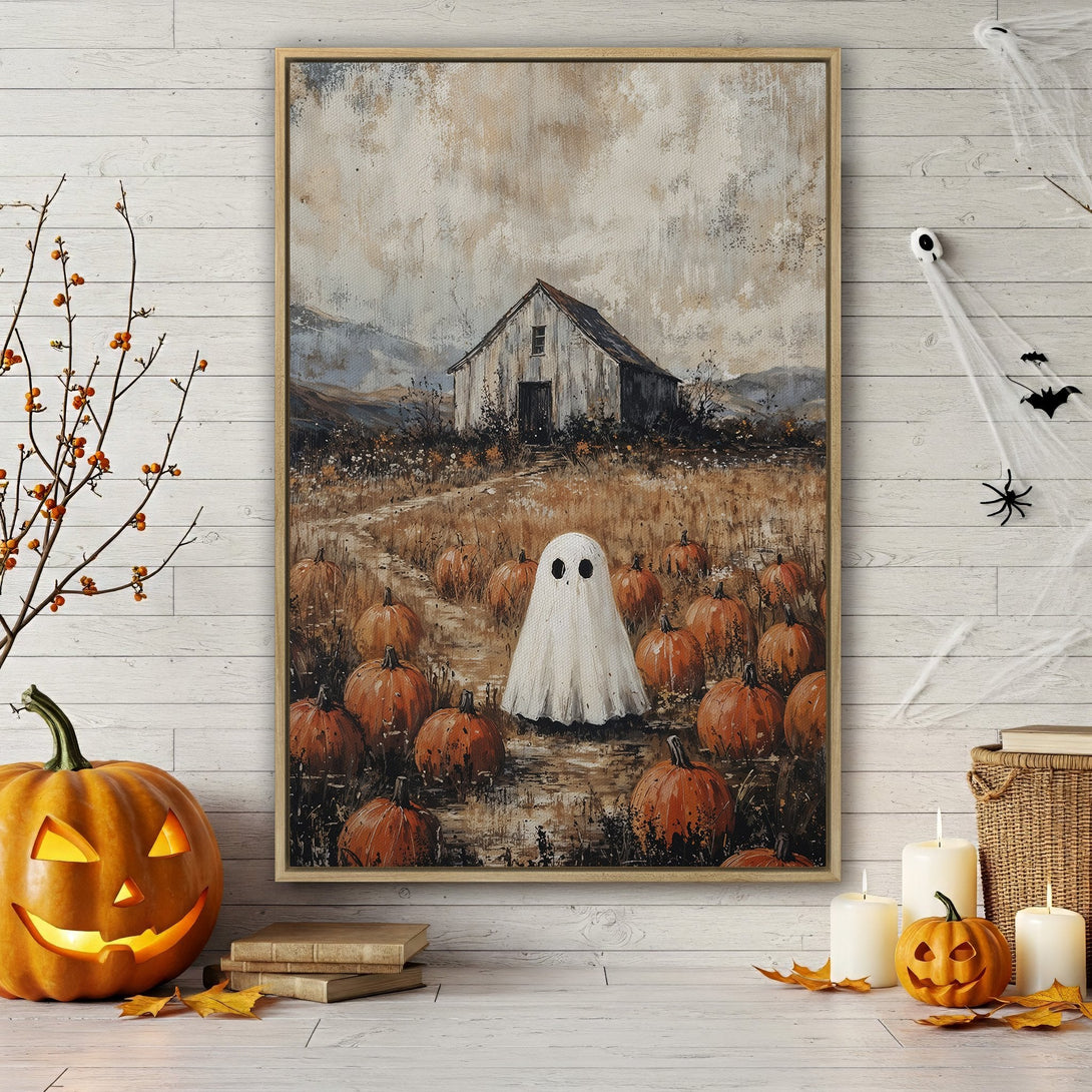 Framed Wall Art: Spooky ghost in a pumpkin patch painting with rustic style and warm autumnal colors. Perfect Halloween decor for your home!