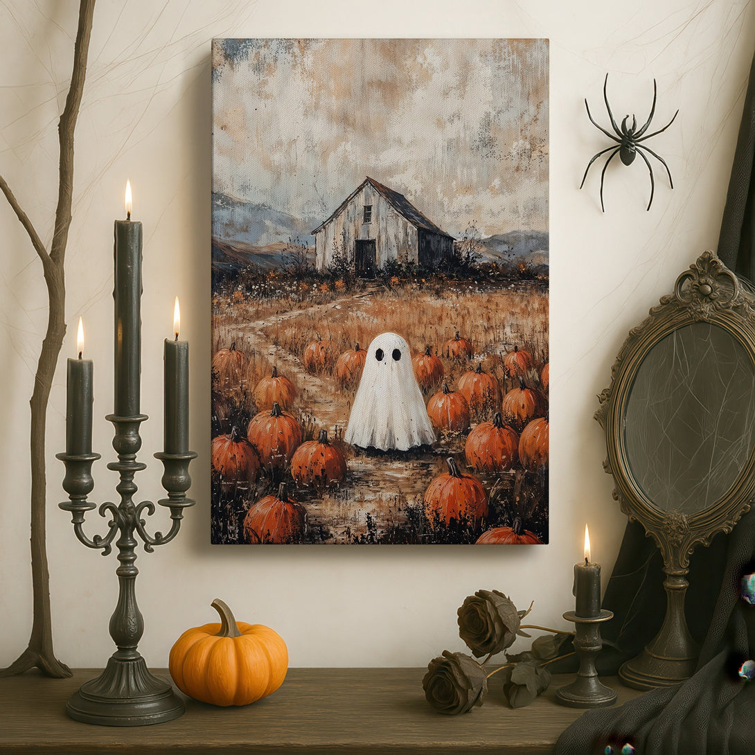 Framed Wall Art: Spooky ghost in a field of pumpkins. Rustic style with warm orange and neutral color palette. Perfect Halloween decor for your home.