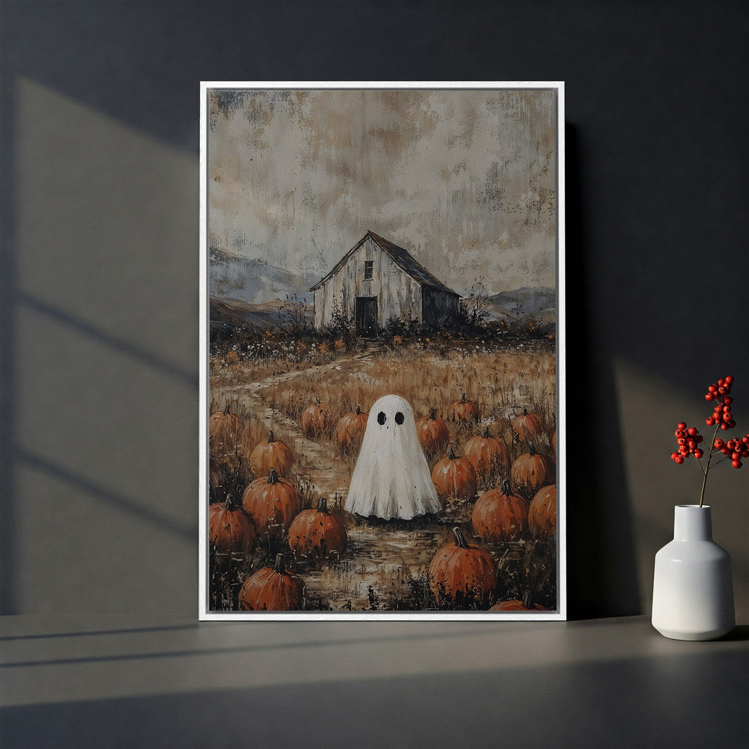 Framed Wall Art featuring a spooky ghost in a pumpkin patch. Rustic style with warm orange, brown, and gray tones. Perfect Halloween decor!
