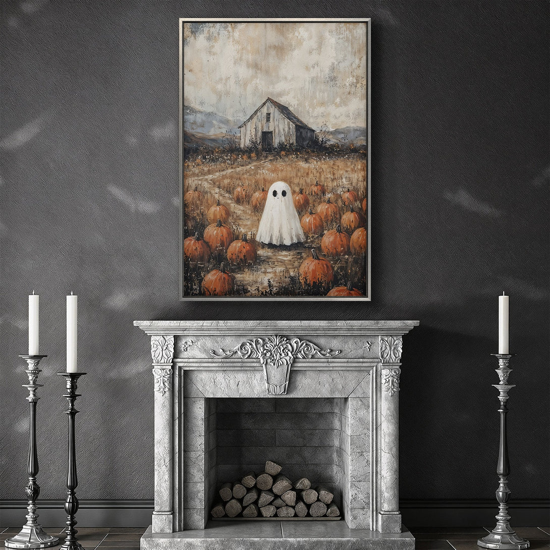 Framed Wall Art: Spooky ghost in a pumpkin patch painting, rustic style, warm autumn color palette. Perfect Halloween decor!