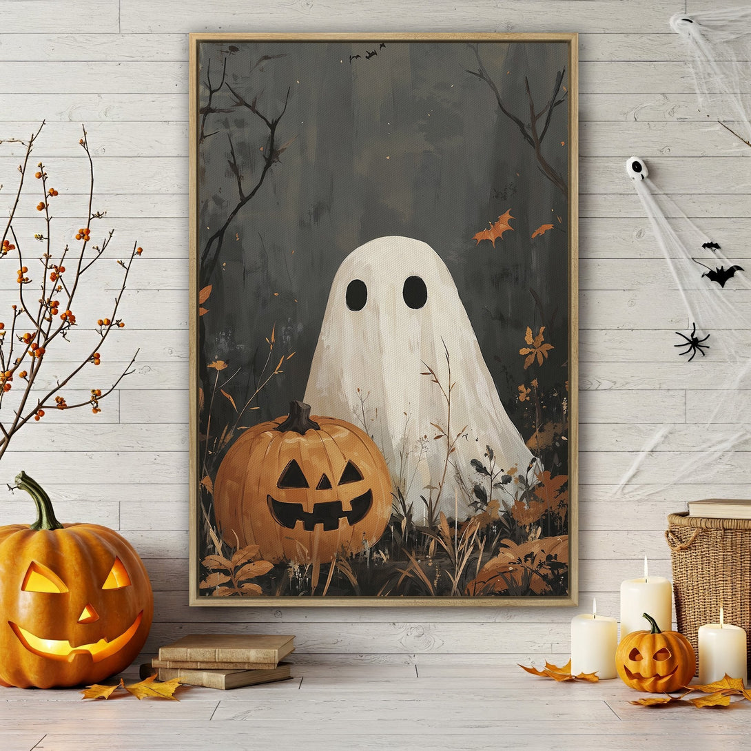 Framed Wall Art featuring a spooky ghost and pumpkin scene in a muted, autumnal color palette. Perfect Halloween decor for a cozy, vintage vibe.