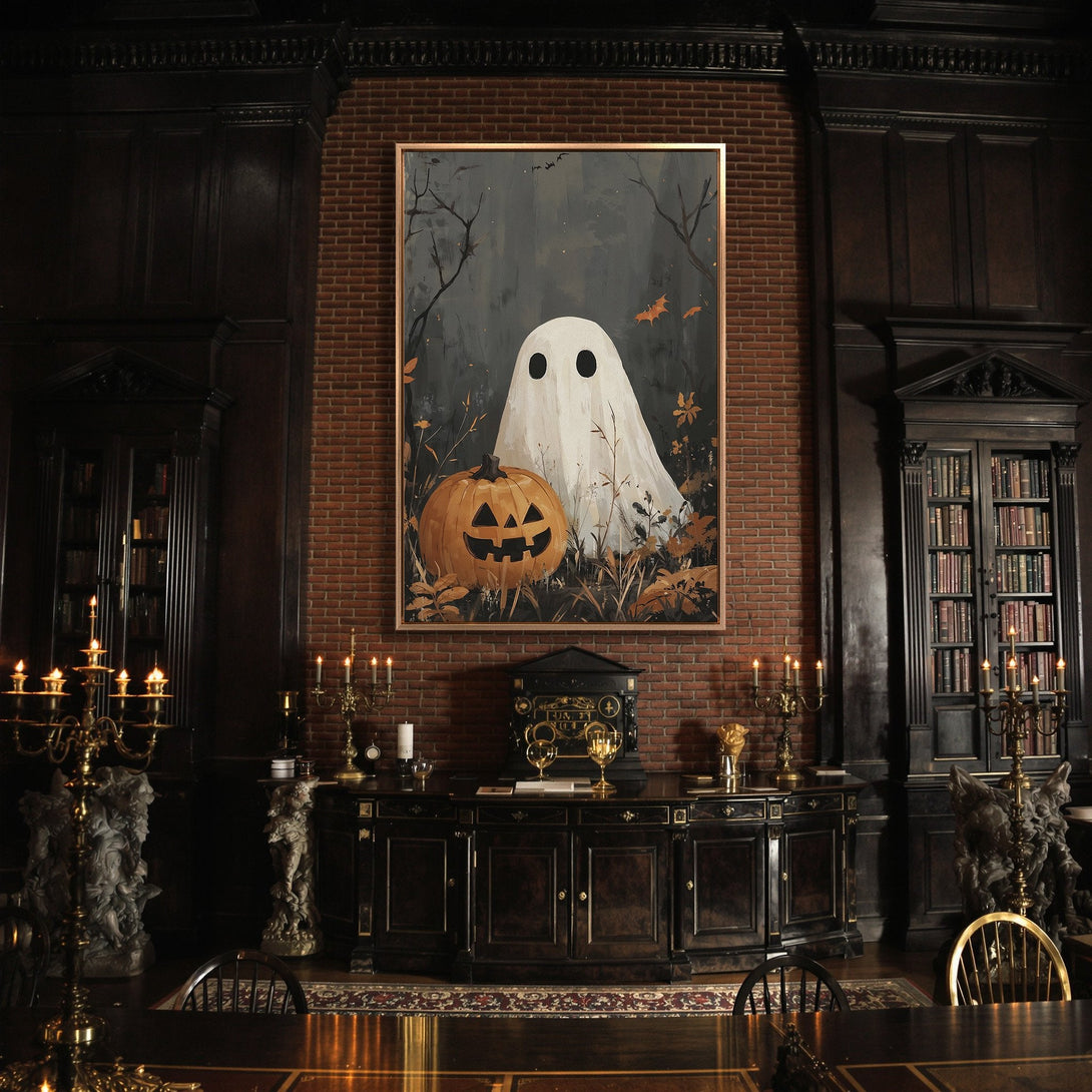 Framed Wall Art: Spooky Halloween ghost and pumpkin art in a dark, moody interior. Features a neutral color palette with orange and gray tones. Perfect for fall decor.