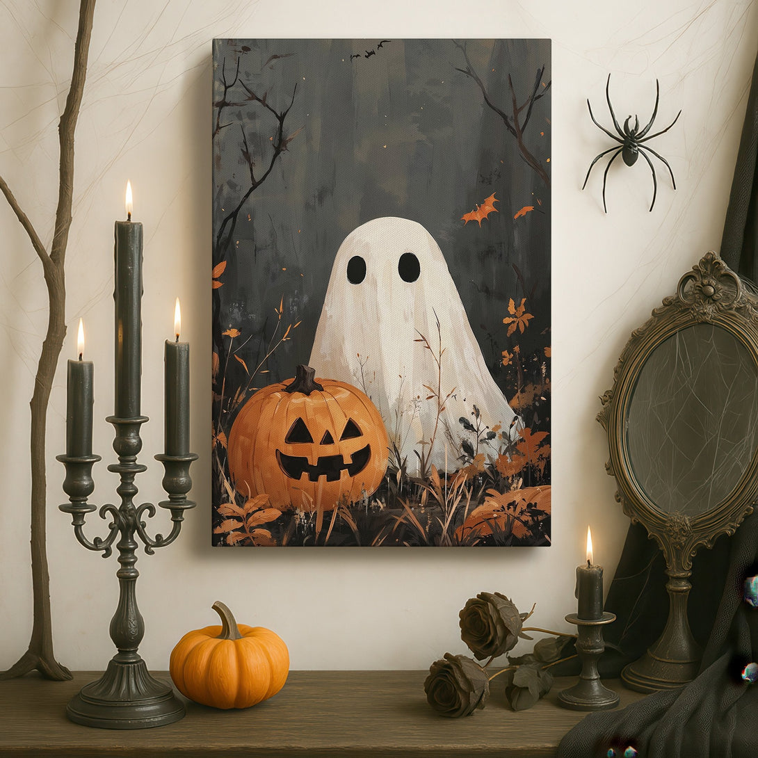 Framed Wall Art: Spooky ghost and pumpkin illustration in a dark, moody palette. Perfect Halloween decor for a stylish, gothic interior.