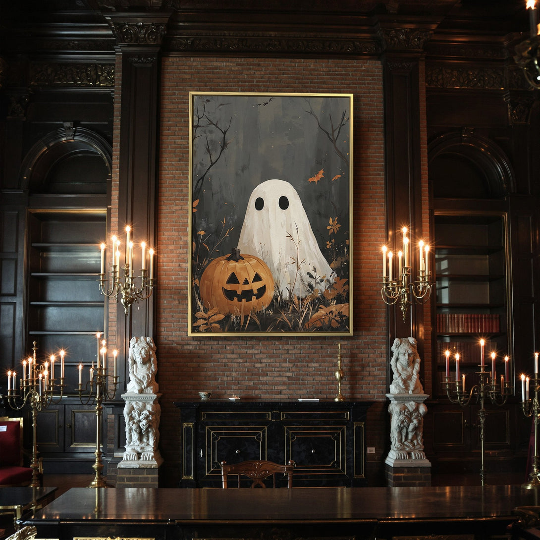 Canvas Print: Spooky Halloween art featuring a ghost and pumpkin in a dark, moody color palette. Perfect for seasonal decor.
