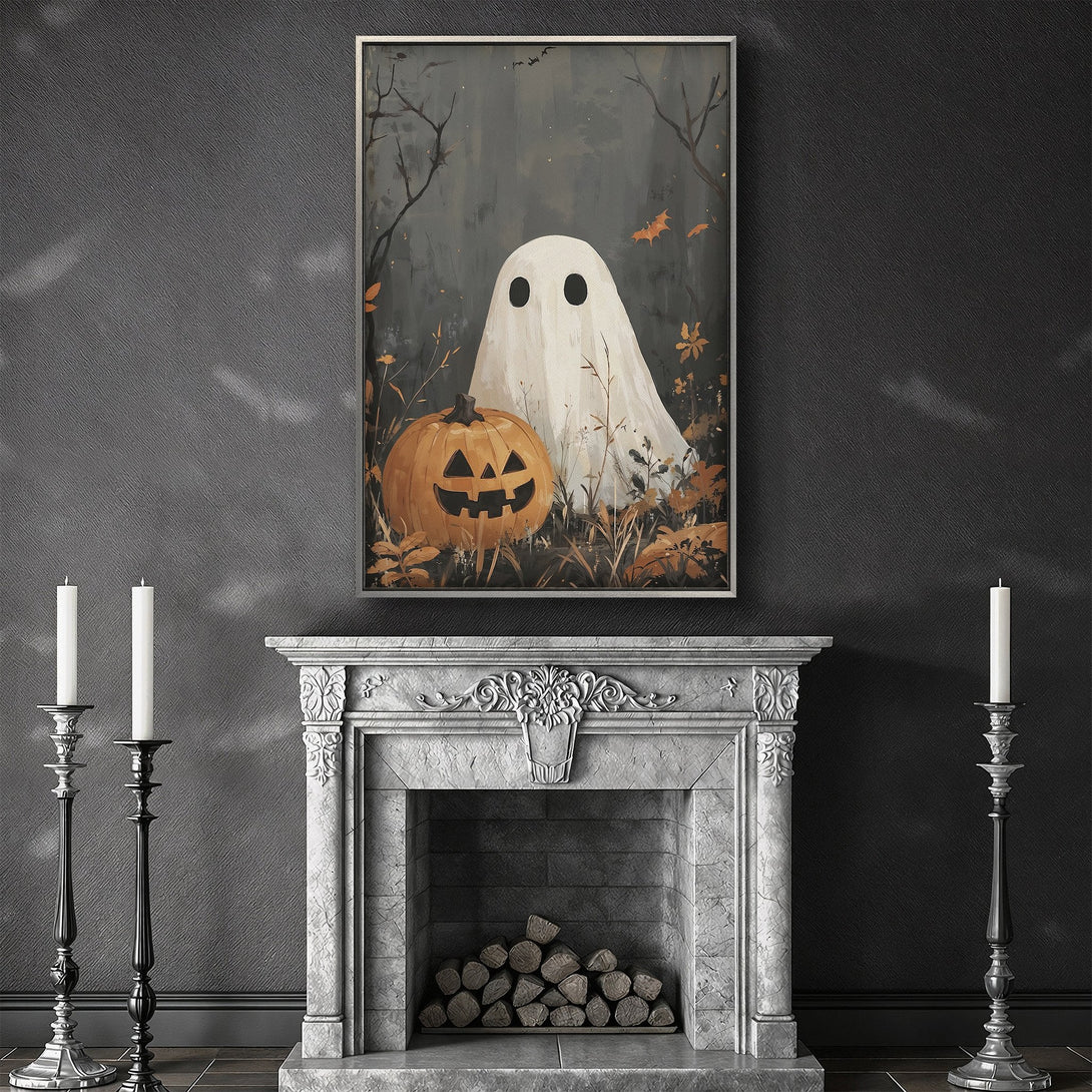 Framed Wall Art: Spooky ghost and pumpkin art in a moody, autumnal color palette. Perfect Halloween decor! Add a touch of eerie charm to your home.