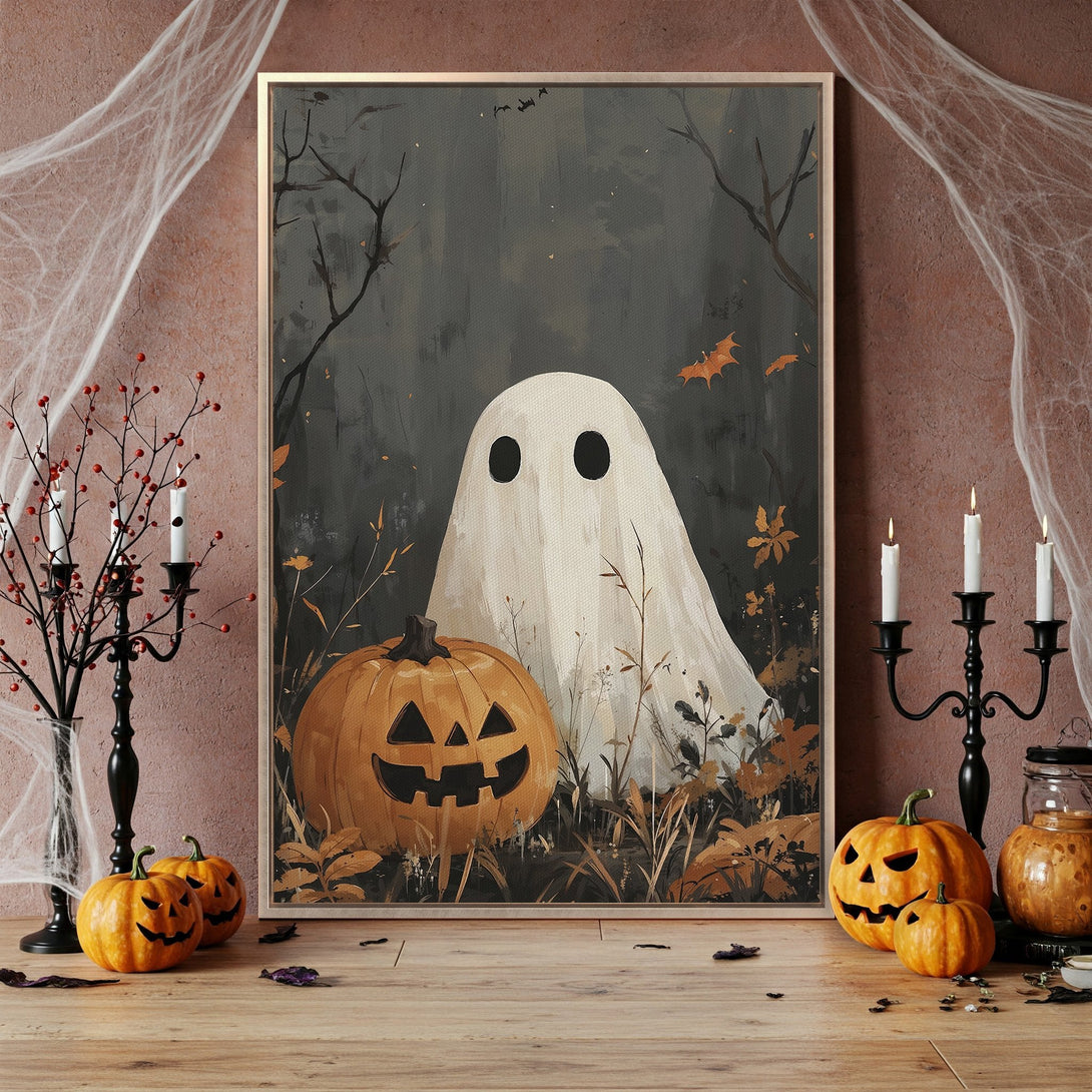 Framed Wall Art: Spooky Halloween ghost and pumpkin illustration in muted tones. Perfect for fall decor!