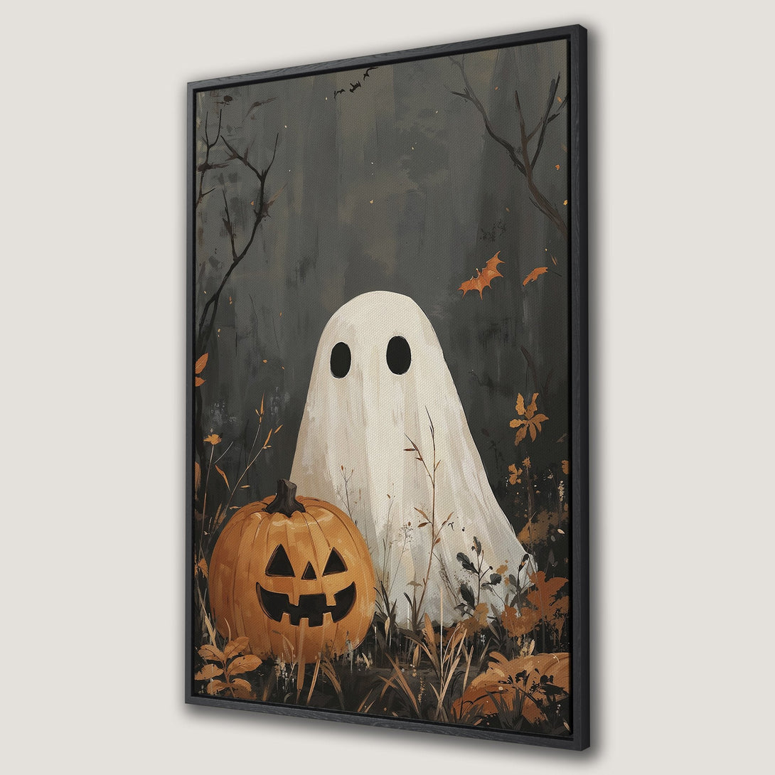 Framed Wall Art featuring a spooky ghost and jack-o'-lantern in a dark, autumnal forest. Perfect Halloween decor in a muted, earthy color palette.