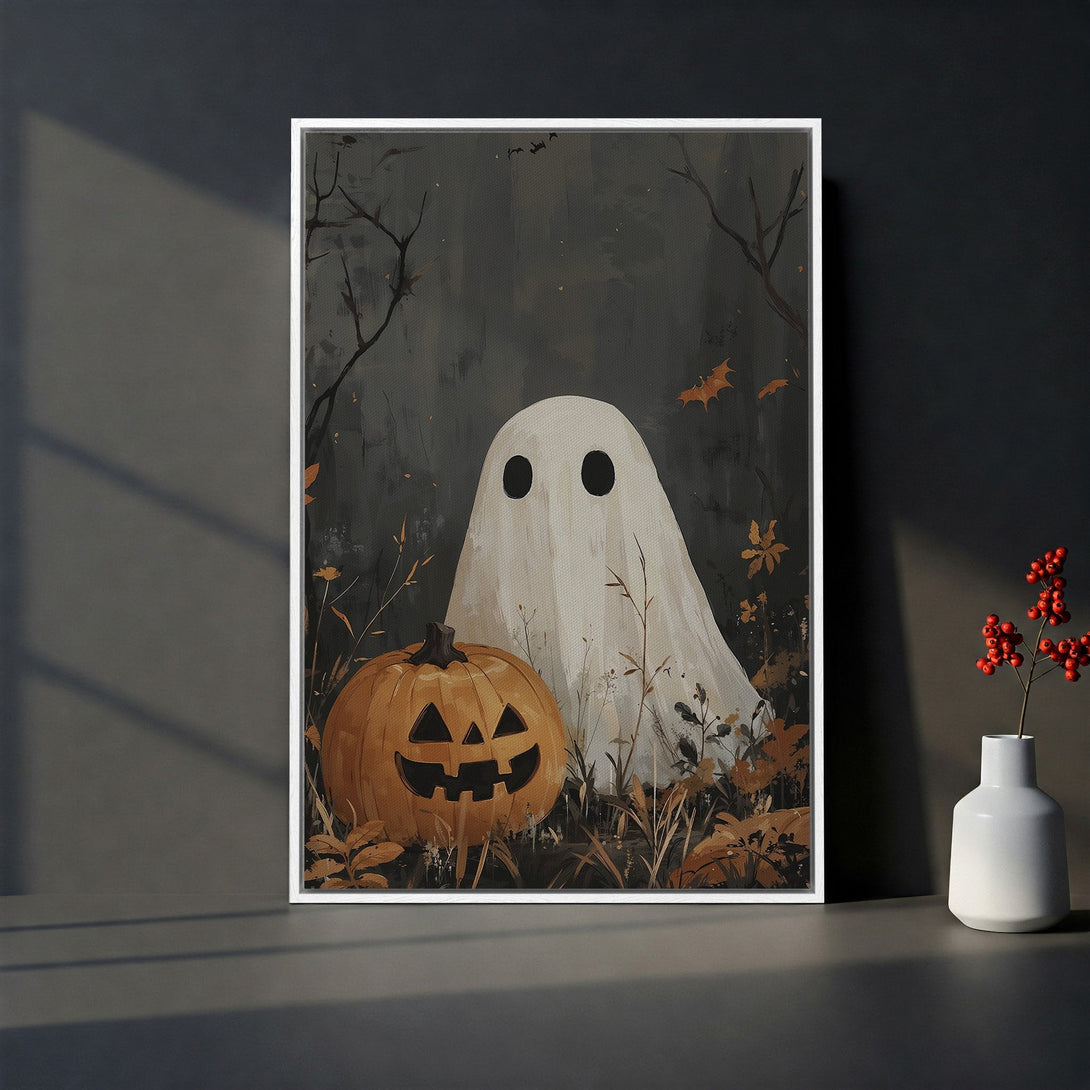 Framed Wall Art featuring a spooky Halloween ghost and pumpkin illustration in a muted, earthy color palette. Perfect for seasonal decor!