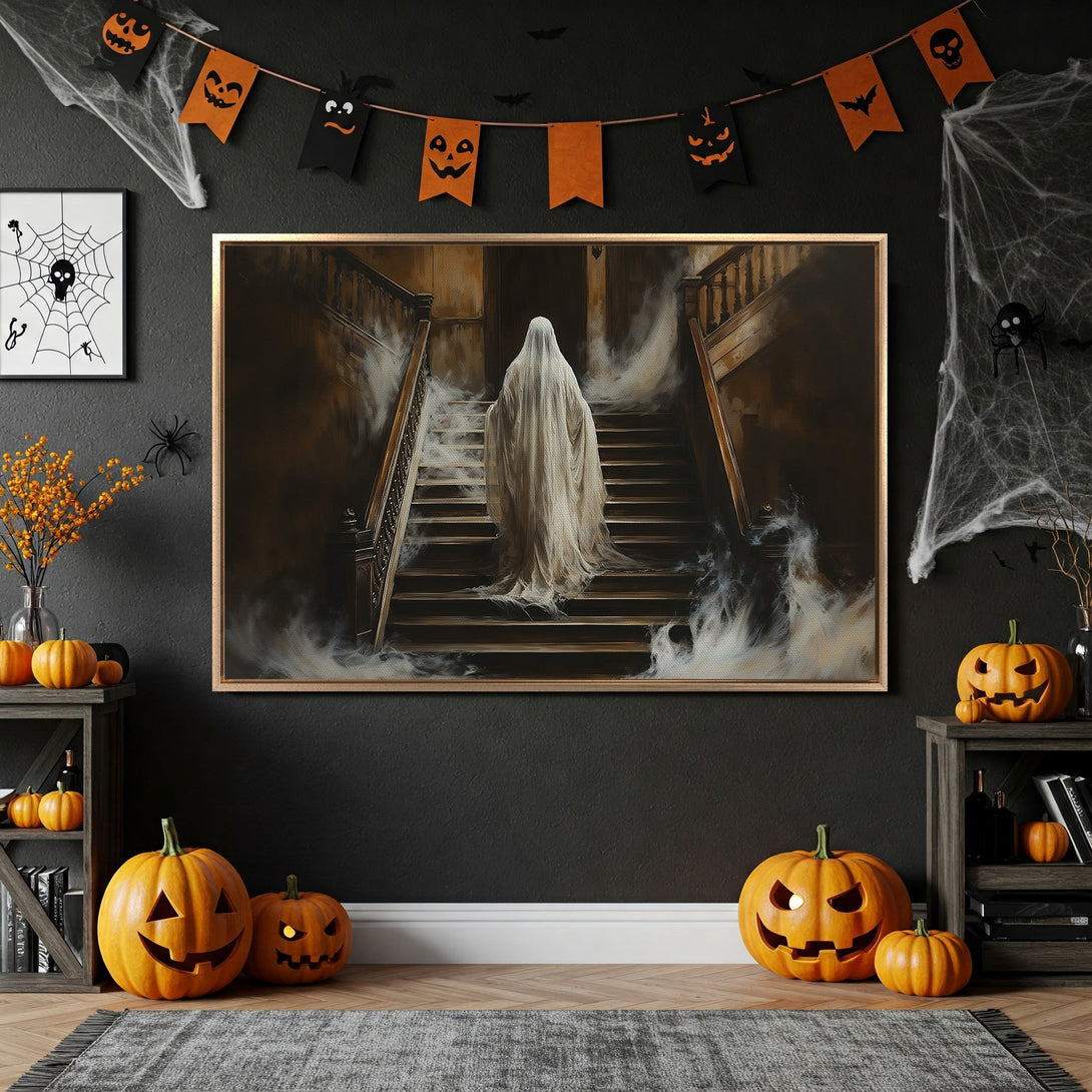 Framed Wall Art: Spooky ghost on staircase in a moody, vintage style. Dark, warm color palette perfect for Halloween decor. Add a touch of mystery to your home!