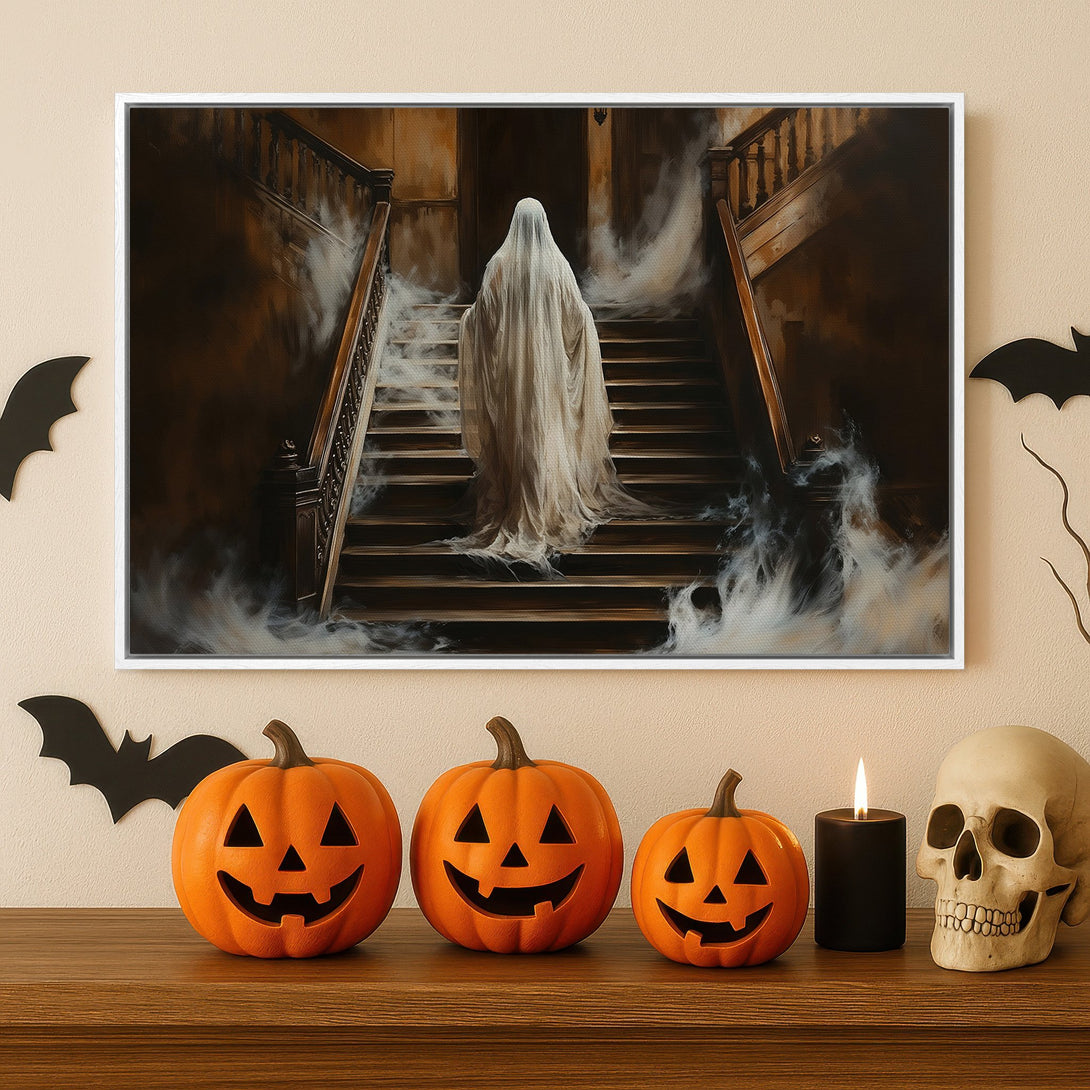 Framed Wall Art: Spooky ghost on a staircase, dark and moody painting with brown and white tones. Perfect Halloween decor for a haunted house vibe.