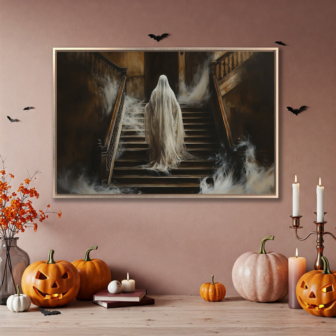 Framed Wall Art: Spooky ghost descending stairs in a dark, moody painting. Halloween decor with warm, earthy tones. Perfect for a haunted house vibe.
