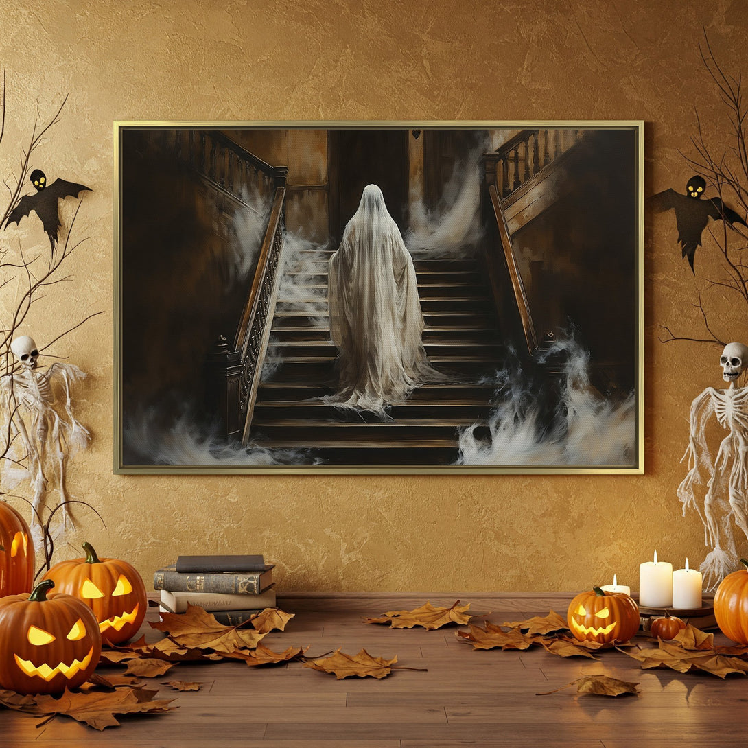 Canvas Print: Spooky Halloween decor featuring a ghostly figure on a staircase. Dark, moody color palette with orange and black accents. Perfect for a haunted home.