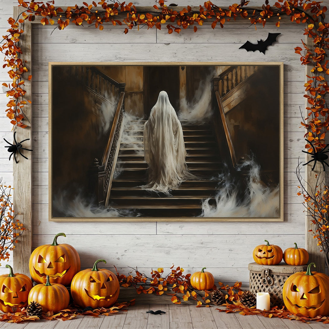 Framed Wall Art: Spooky ghost on stairs, vintage style, warm sepia tones. Perfect Halloween decor for your home!