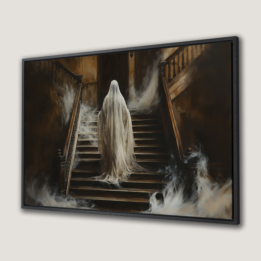 Framed Wall Art: Spooky ghost ascending a staircase in a dark, moody painting. Dramatic, gothic style with a sepia and dark color palette. Perfect Halloween decor!