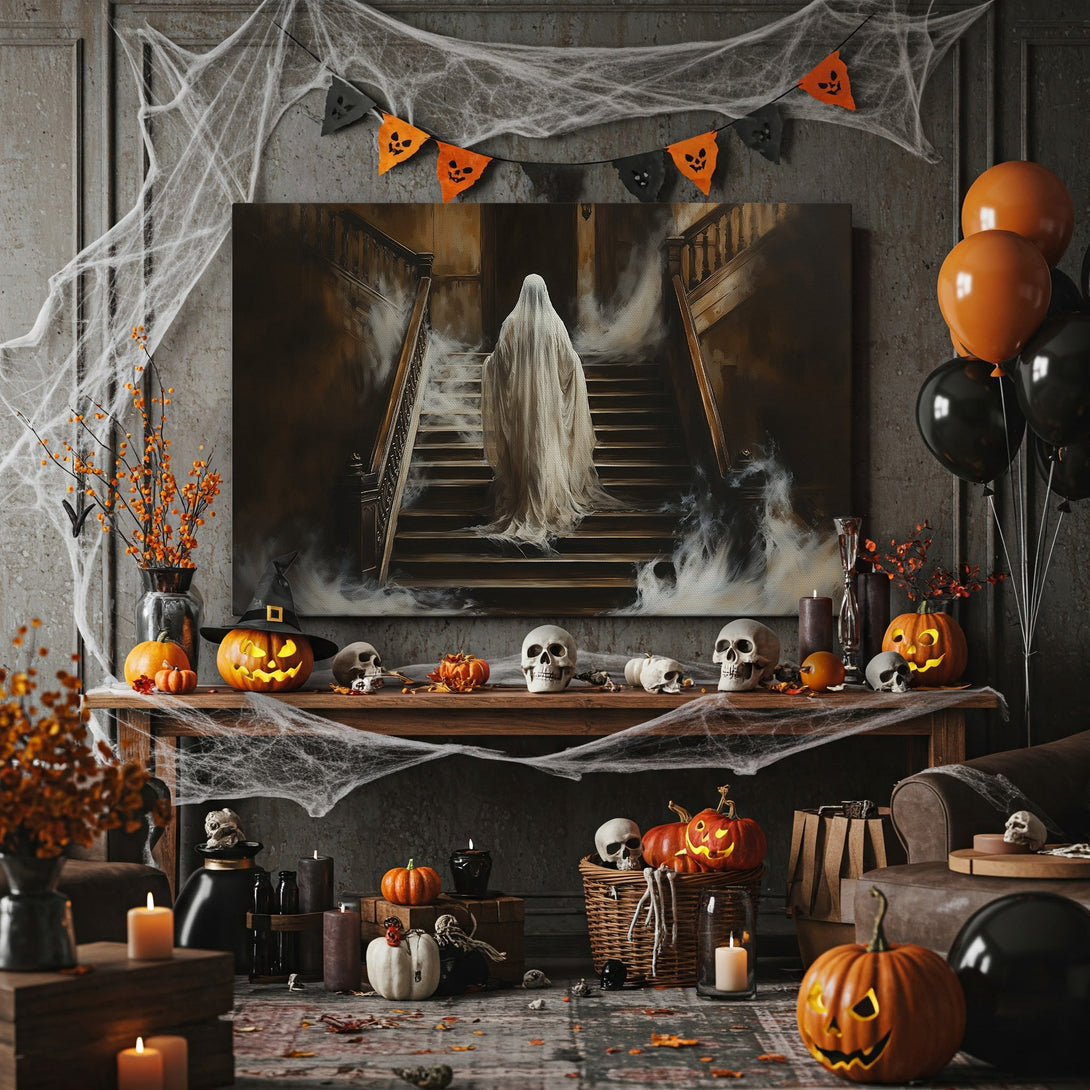 Framed Wall Art: Spooky ghost on a staircase, dark and moody art in a Halloween interior with warm, autumnal tones. Perfect for seasonal decor.