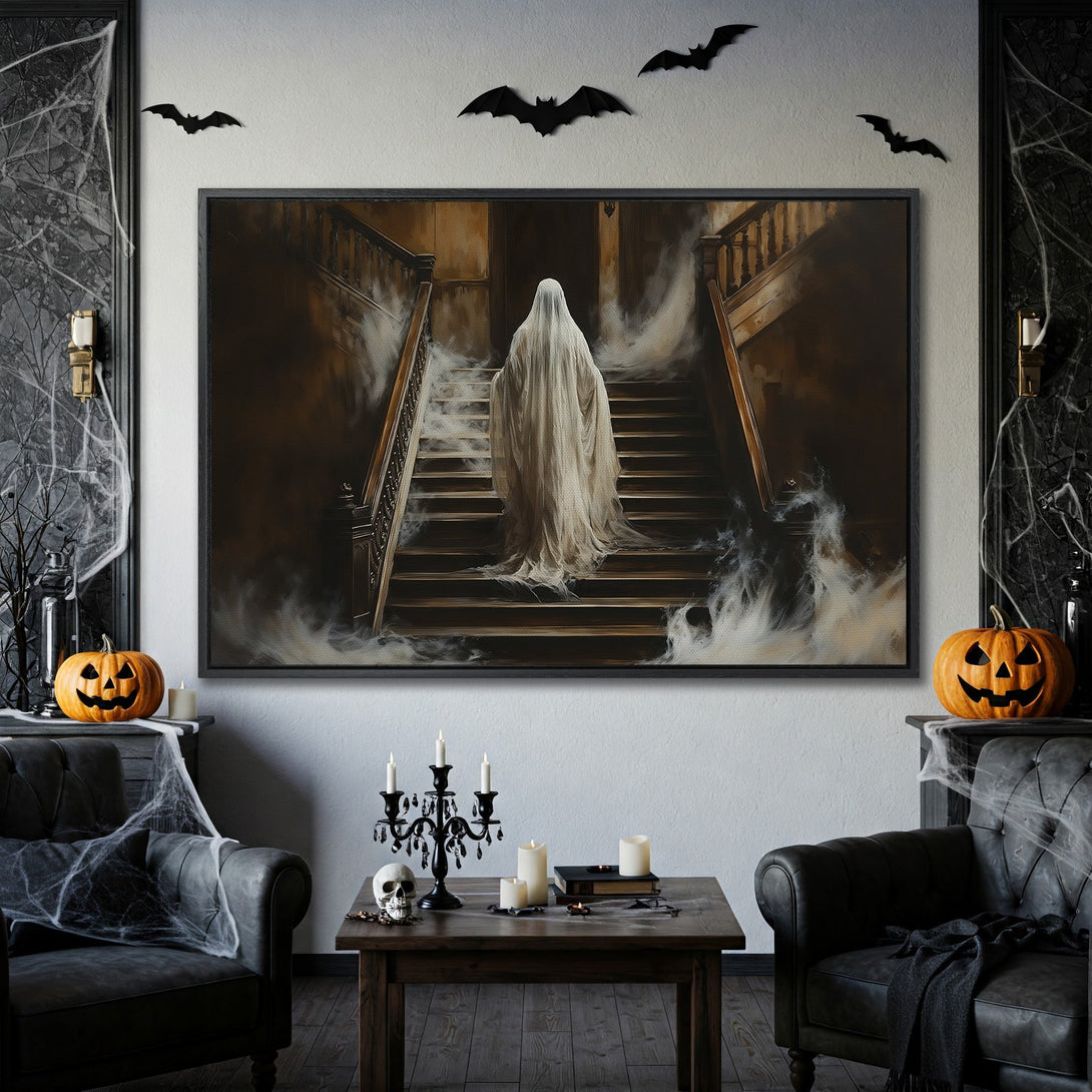 Framed Wall Art: Spooky ghost on stairs in a haunted house. Dark, moody color palette. Perfect Halloween decor for your home.