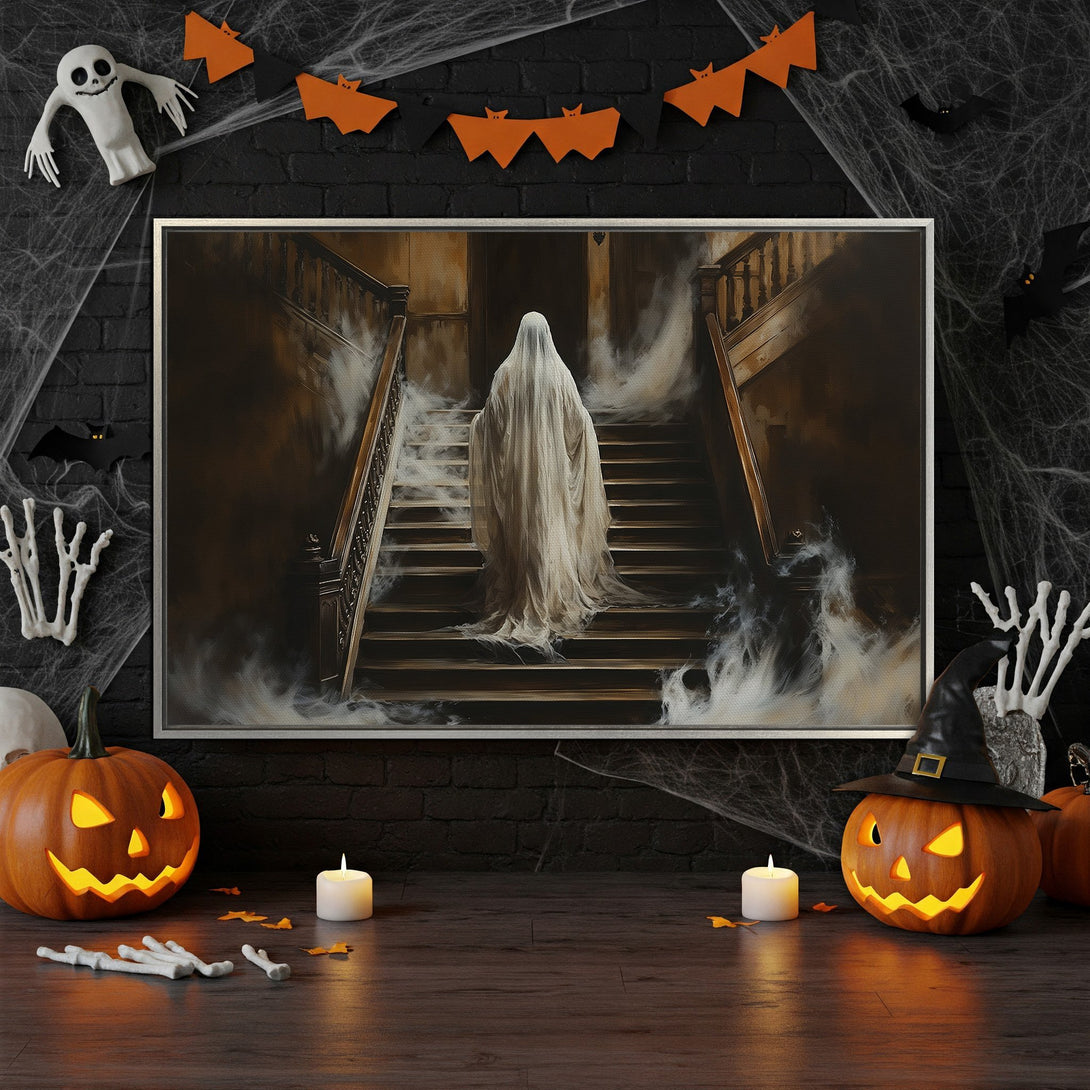 Framed Wall Art: Spooky ghost on stairs Canvas Print, dark and moody color palette. Perfect Halloween decor for a haunted house vibe.
