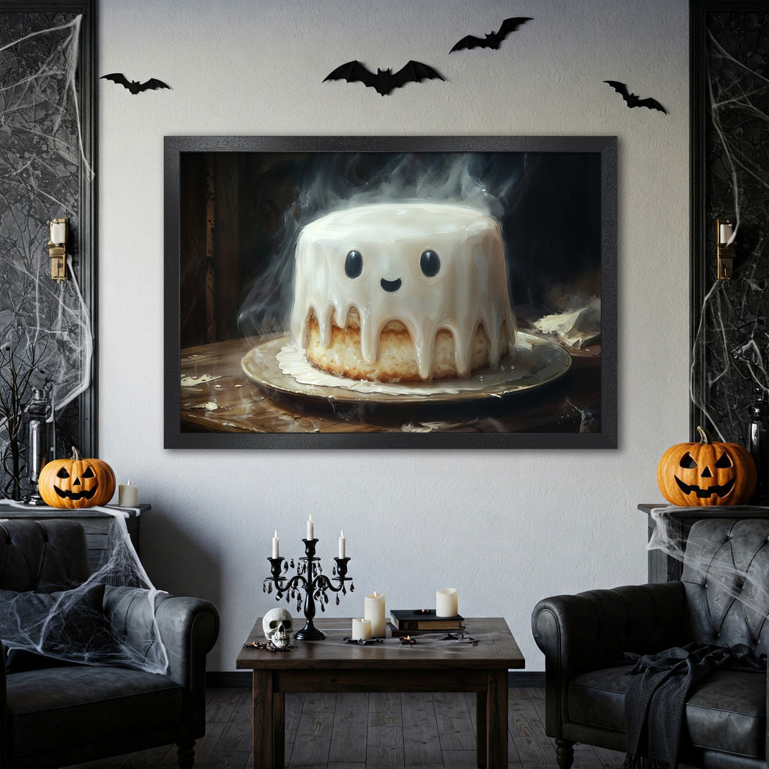 Framed Poster featuring a cute ghost cake illustration in a Halloween-themed room. Warm, earthy tones with black accents. Perfect spooky decor!