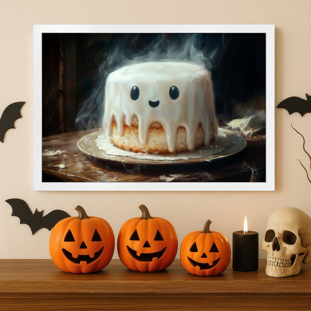 Framed Poster featuring a cute ghost cake, Halloween decor. Warm color palette. Perfect for spooky season!