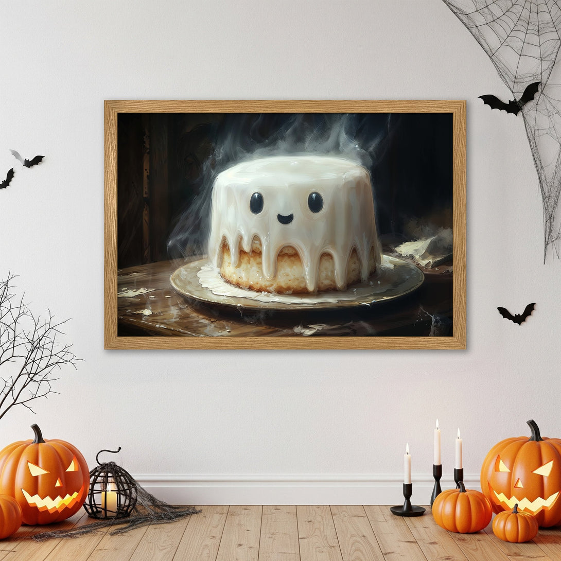 Framed Poster of a cute ghost cake. Whimsical Halloween art in warm, neutral tones. Perfect spooky decor!