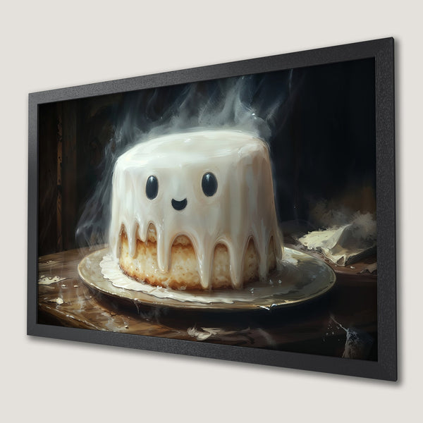Framed Poster featuring a cute cake with a smiling face, warm color palette and whimsical style. Perfect wall art!