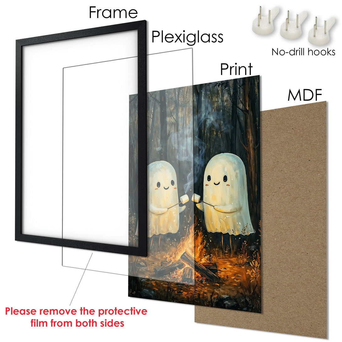 Framed Poster featuring cute ghosts roasting marshmallows by a campfire, with a warm, earthy color palette. Perfect wall art!