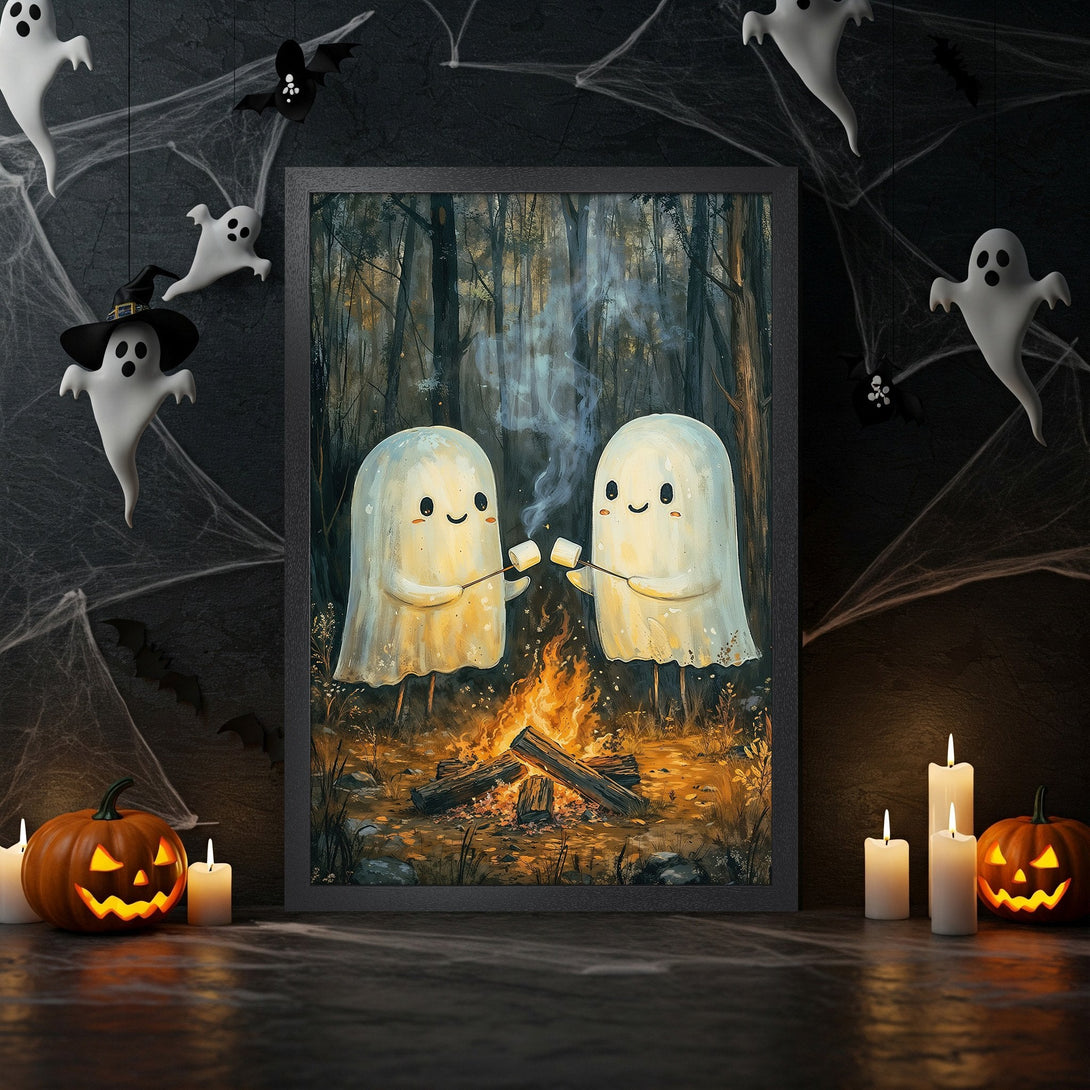 Framed Poster featuring cute ghosts roasting marshmallows by a campfire, in a whimsical style with warm autumnal colors. Halloween decor.